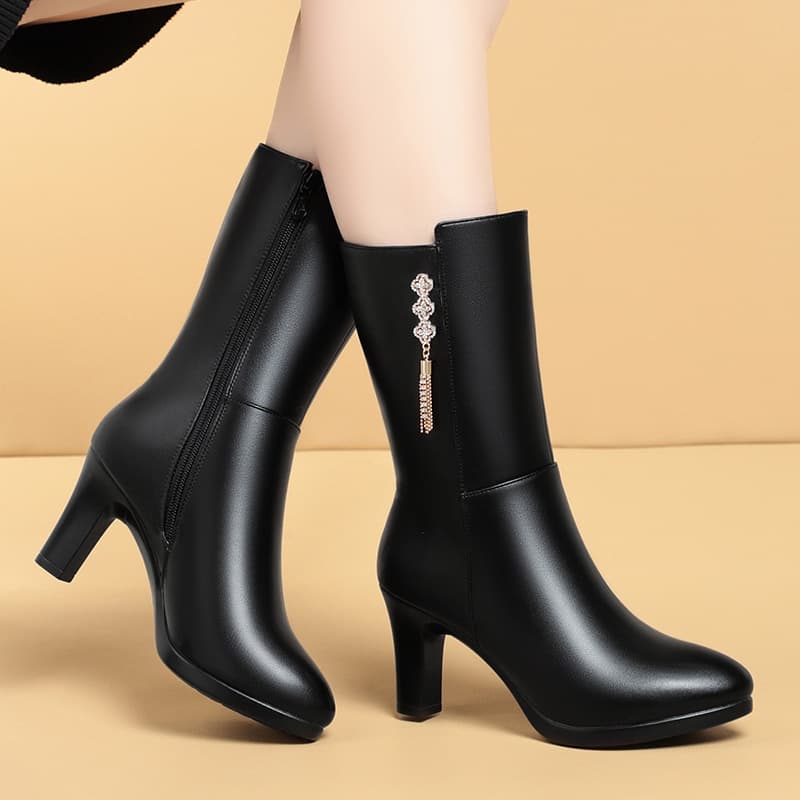 High Heel Boots Women Winter New Style Middle-aged Women Leather Cotton Boots Fashion Lined Soft Leather Mom Shoes Mid-calf Boots