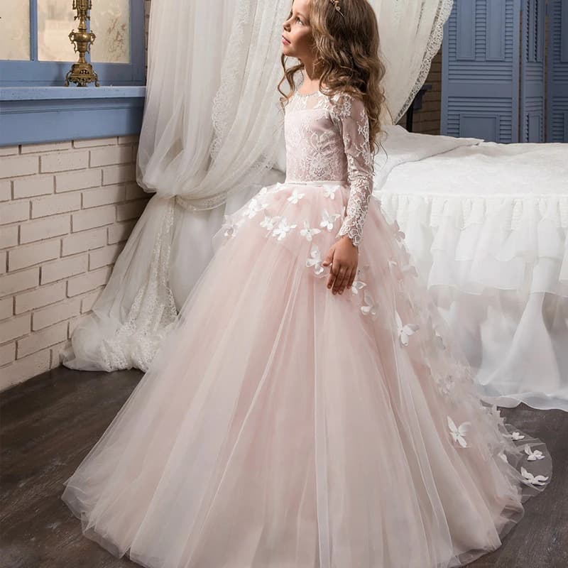 2026 New Children's Formal Dress Pink Lace Long Sleeve Girls Princess Long Party Birthday Dress