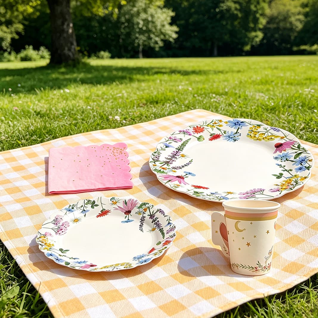 New flower birthday party party disposable water-absorbent and leak-proof paper cups, paper plates, paper towels, straws, tableware set batch