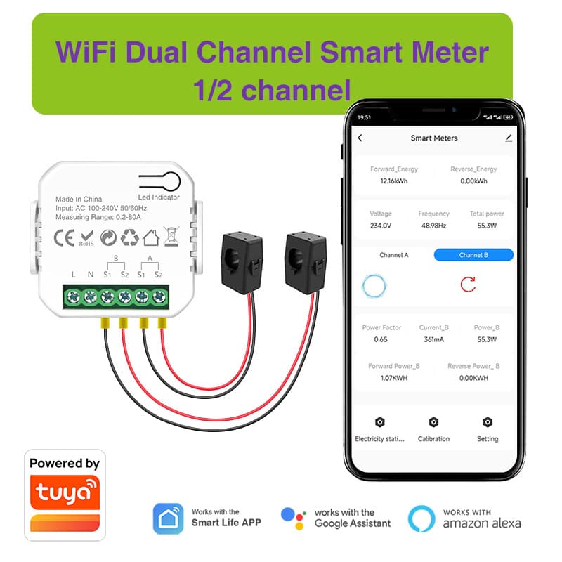 Tuya Smart Two-Way 1/2 Channel Electric Meter WiFi with CT Transformer Power Monitor AC110/240