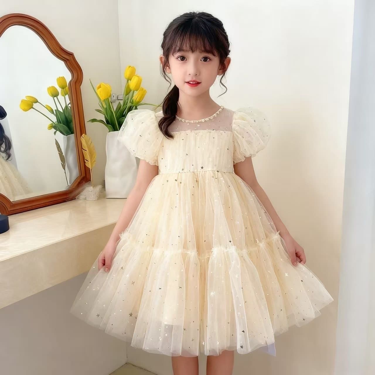 2023 Korean Princess Dress Girls Dress Summer Dress Baby Girl Puff Sleeve Mesh Sequin Skirt Skirt