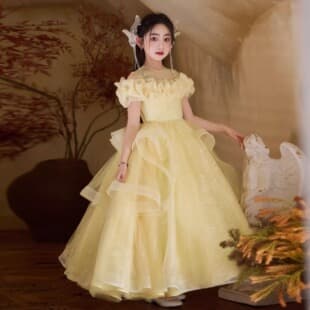 Yellow Girls Formal Dress Birthday Stunning Princess Dress French Light Luxury Niche Host Kids Piano Performance