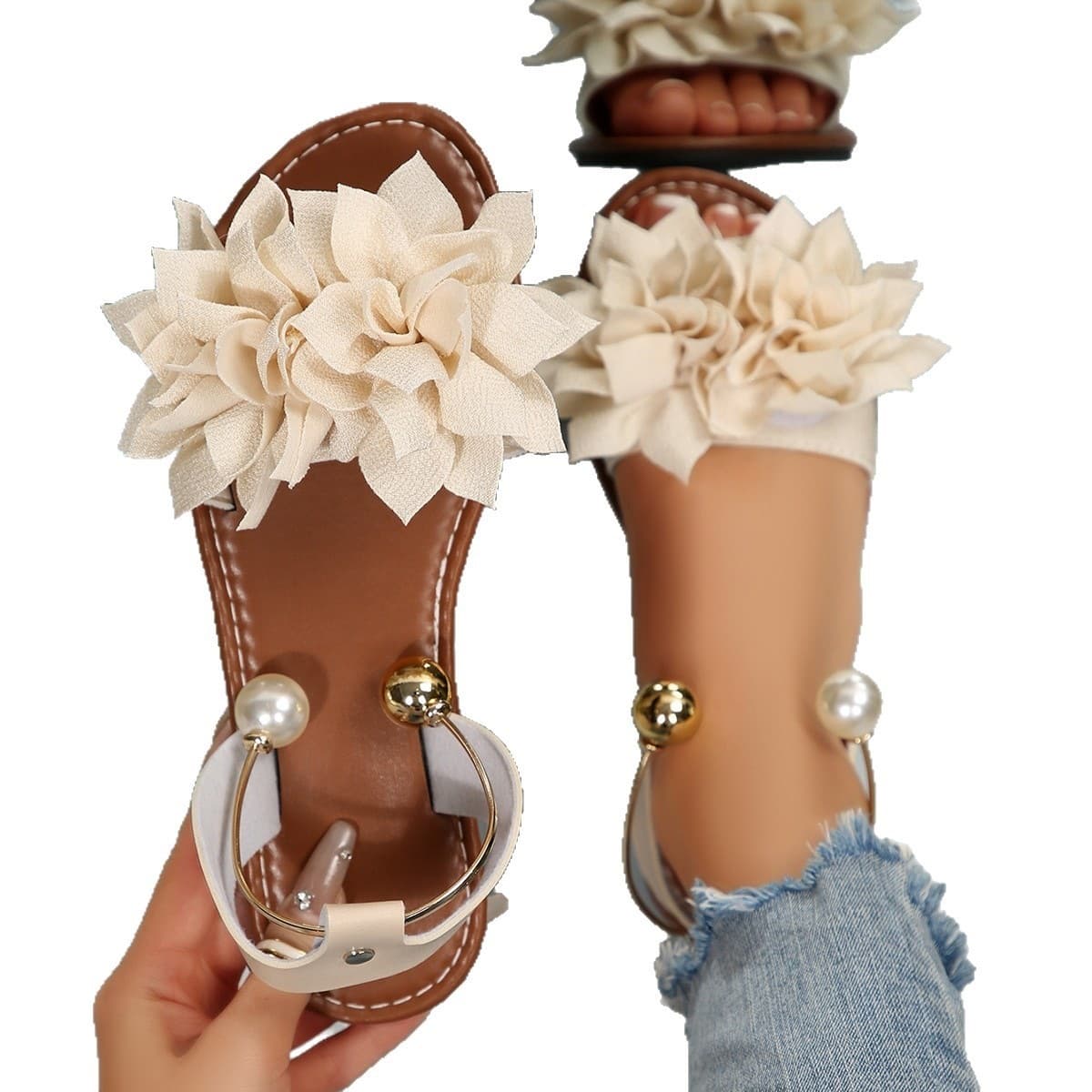 Flat Pearl Strap Sandals for Women 2026 Summer New Style European American Fashion Plus Size Flower Sandals Wholesale