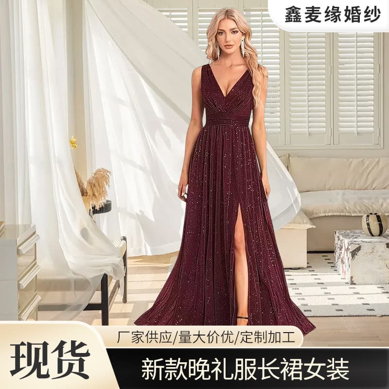 Cross-border European and American Fashion V-Neck Sequin Evening Dress Elegant Floor-Length Long Dress Sexy Fashion Slit Dress