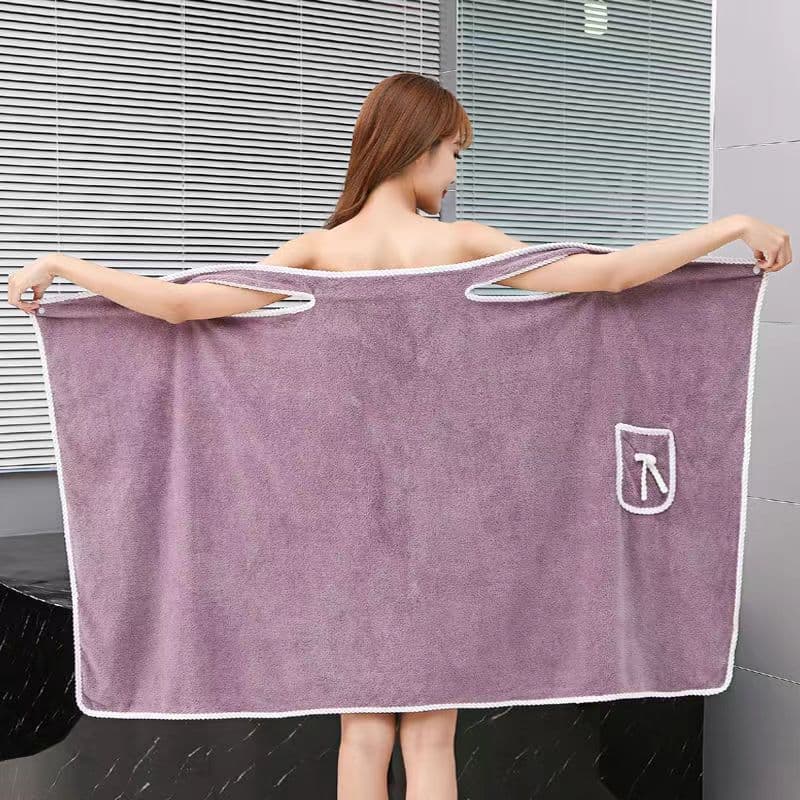 Women's Shower Dress Coral Fleece Bathrobe, Thickened Large Bath Towel Wearable with Bow Pocket Strapless Dress