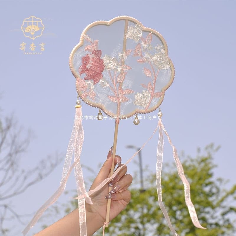 Chinese Style Retro Embroidery Hand Fan Round Fan Ribbon Version Hanfu Photo Dance Fan Ancient Costume Handheld Vintage Fan