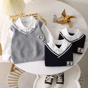 Boys' Turn-Down Collar Polo Shirt Spring New, Sweatshirt British Style Fake Two-Layer, Versatile Fashion for Older Kids