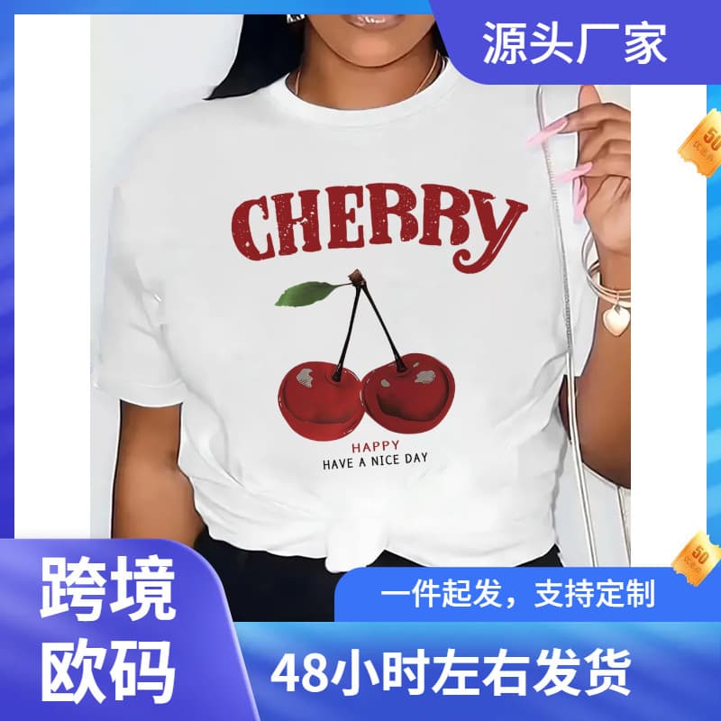 Cherry Print T-Shirt, Short Sleeve Round Neck Casual Top