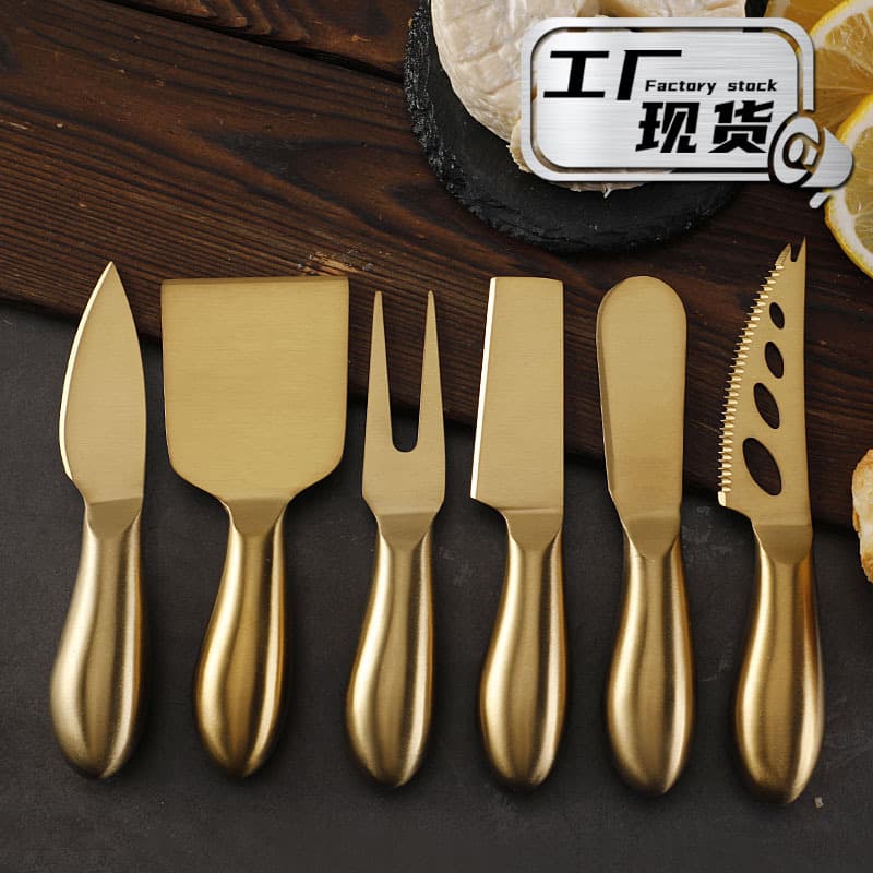 Cross-border spot gold stainless steel cheese knife with hollow handle, cheese knife and fork, Western-style knife, butter and cream smearer.