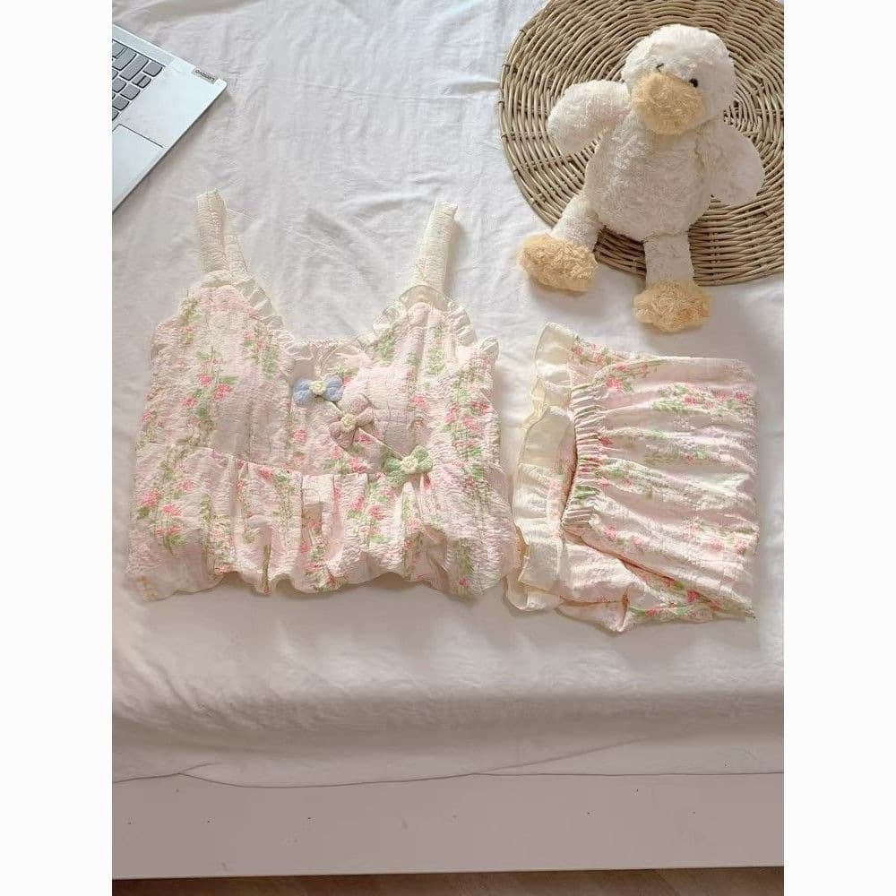 New Cute Bow Camisole Pajama Set with Padded Bra for Women, Summer Comfortable Slimming Lightening Loungewear Set