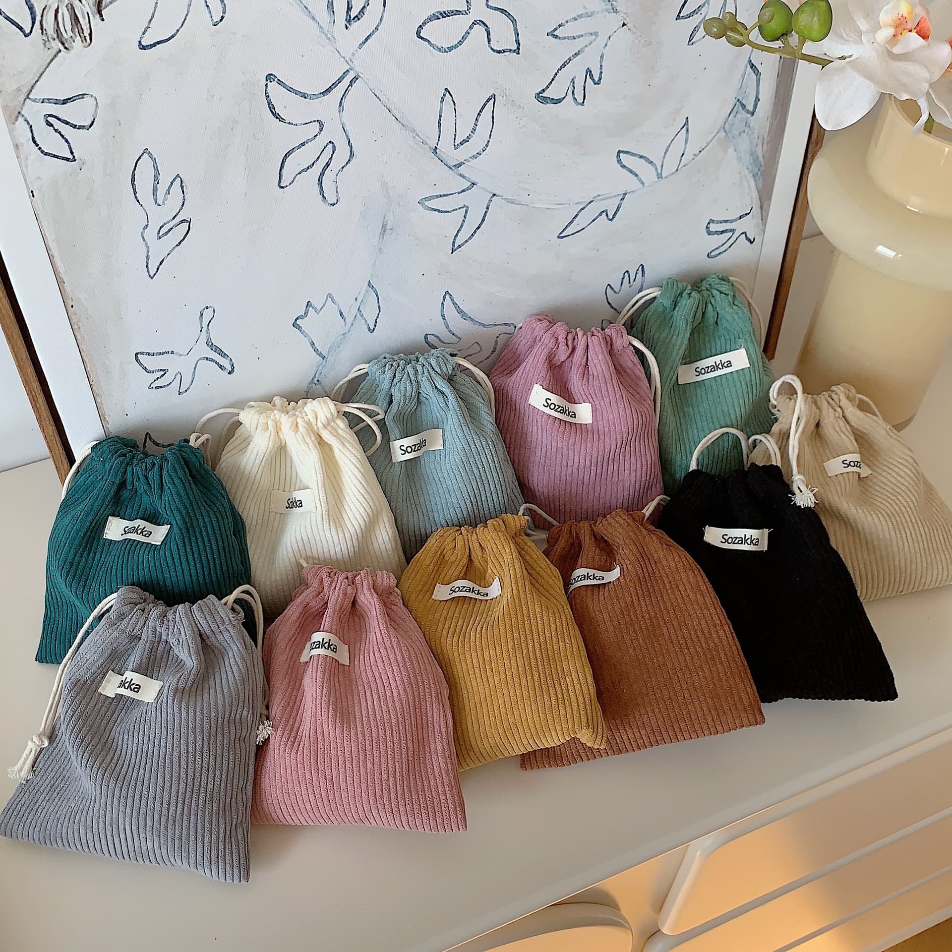32133 Solid Color Corduroy Woven Label Drawstring Storage Bag, Portable Large Capacity Makeup Pouch for Women