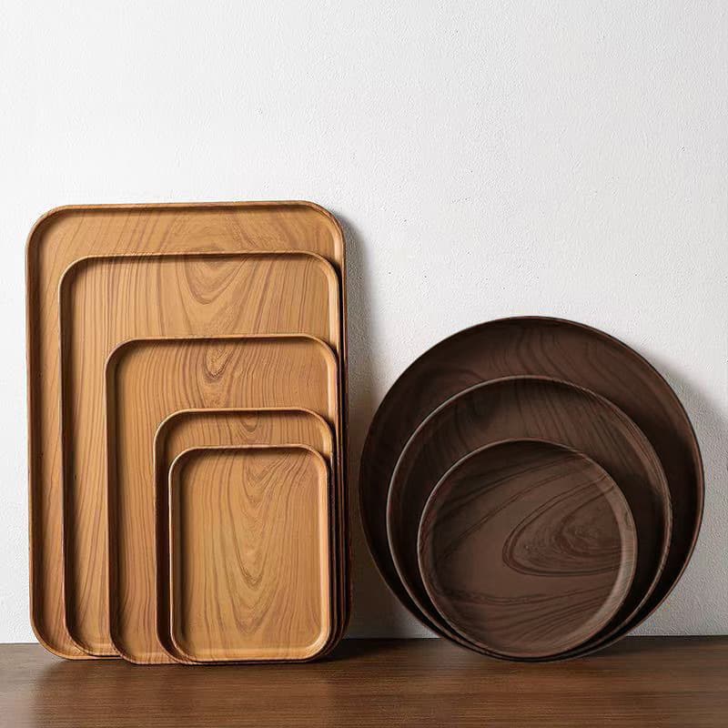 Cross-border retro-style imitation wood grain tray, square/round food service tray, snack and dessert plate, living/dining room tea tray