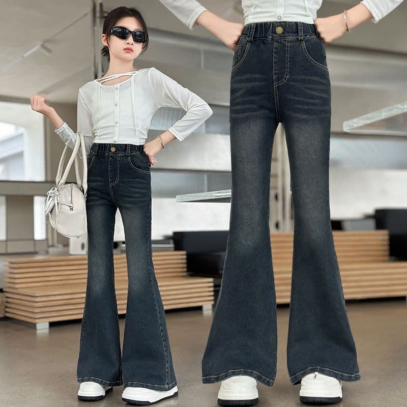 Girl's Flared Pants Spring Autumn Children's Stretch Denim Pants Middle Big Kid Slim Fit Fashionable Girl's Long Pants Thick Style