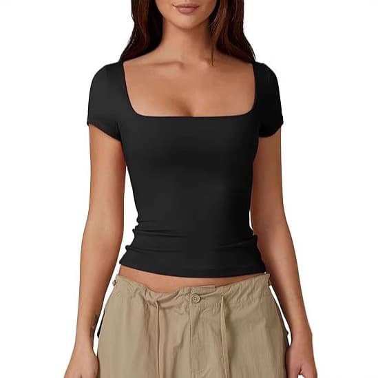 Slimming Women's Cross-Border Top Pure Color Square Collar Baser T-shirt Short Sleeve Belly Button Exposure Gentle Short Sleeve