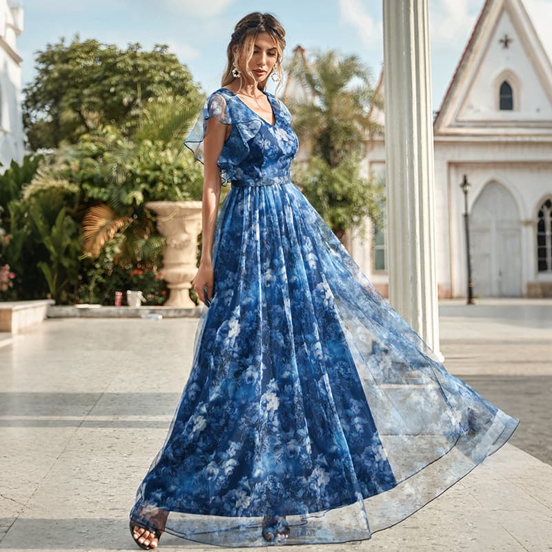 V-Neck Printed Mesh Ruffle Fairy Long Dress for Wedding Bridesmaid Gown Elegant Prom Dress Evening Party Dress