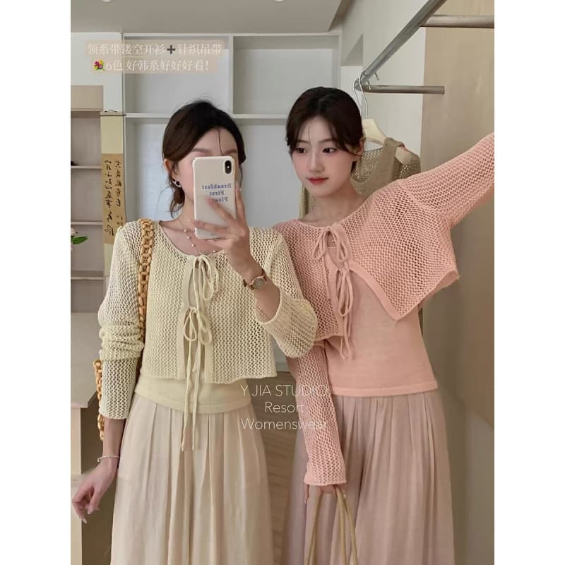 Korean Hollow Lace-Up Thin Sun Protection Cardigan + Matching Slim Camisole Two-Piece Set for Women
