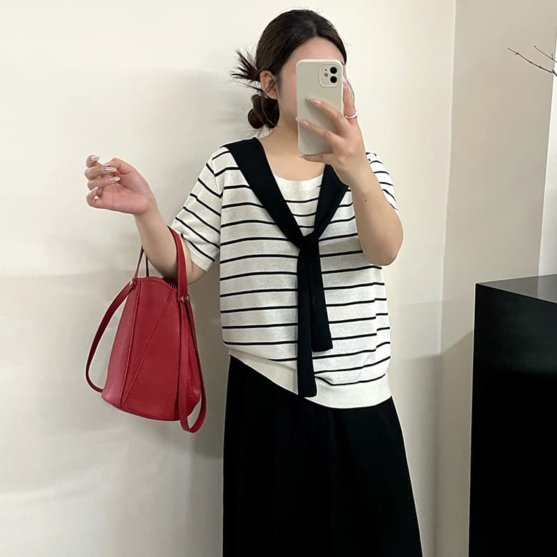 Large size women's round neck striped shirt women's shawl sweater 2026 summer fat mm casual short-sleeved T-shirt 23887