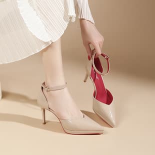 8088-30 Black Pointed Toe Red Sole High Heel Sandals One-Strap Buckle Open Toe Thin Heel Sexy Elegant Office Shoes