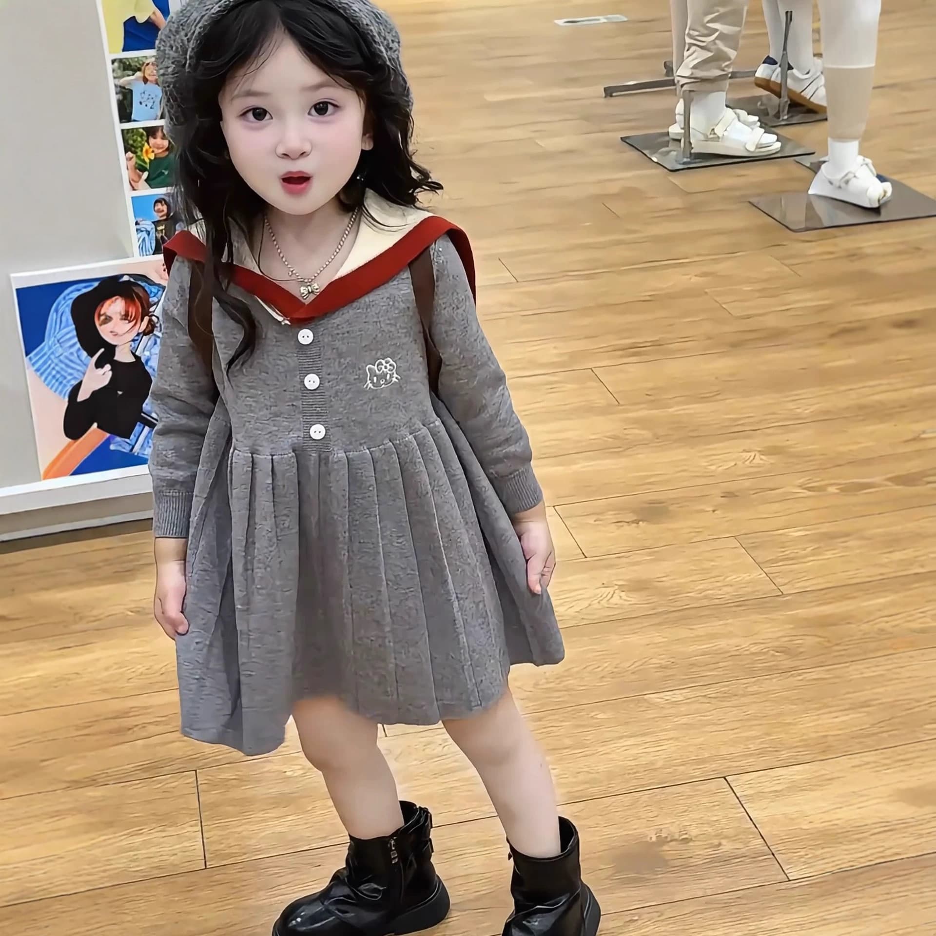 Autumn long-sleeved preppy style knitted sweater dress with sailor collar for toddlers and preschoolers, KT cat pleated skirt.