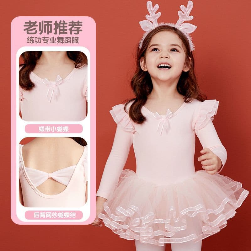 Children's Dancewear Girls Autumn Winter Long Sleeve Practice Leotard Kindergarten Ballet Tutu Dress Chinese Dance Clothes