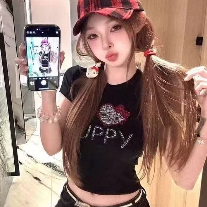 New Summer Hot Girl Style Rhinestone Hello Kitty Fixed Cup Shapewear Slimming Short Sleeve 3557#