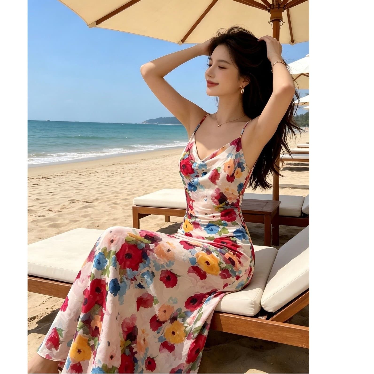 French Vacation Style Beach Dress, Waist-Cinching Floral Halter Dress, Summer New Oil Painting Print Fishtail Midi Dress