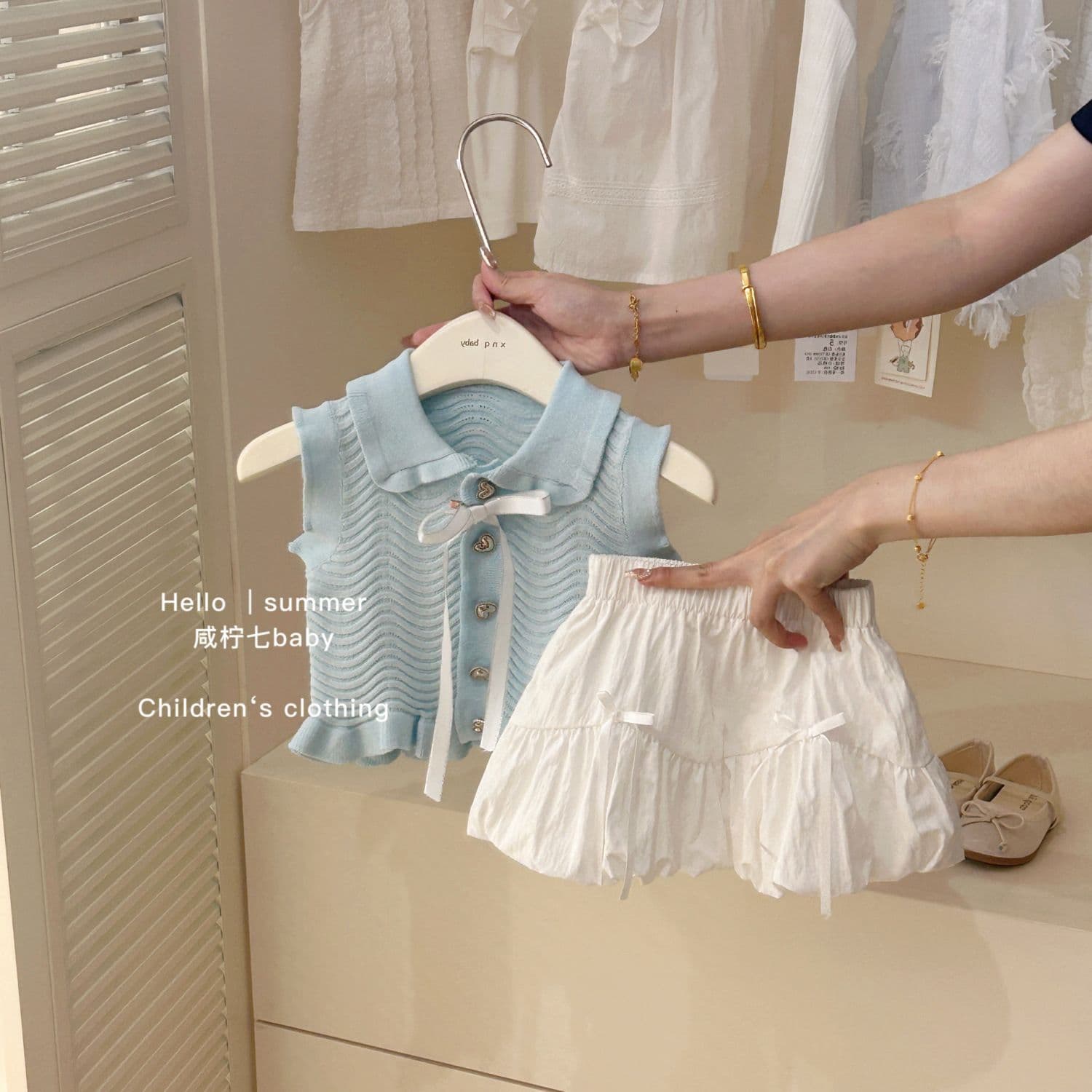Girls Summer Suit 2025 New Style Kidsren's Fashionable Blue Knitted Vest Top Skirt Two-Piece Set