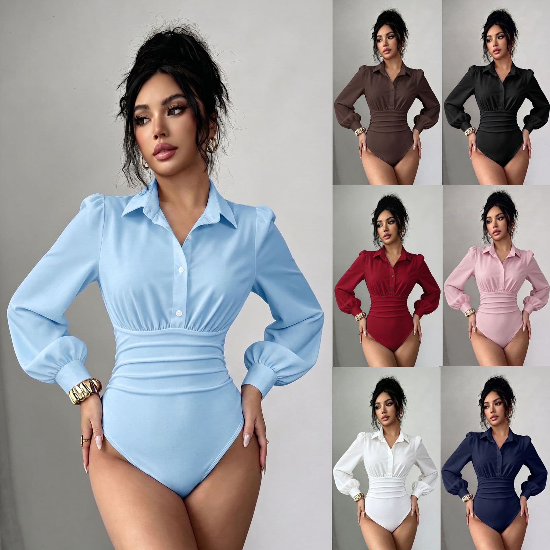 2026 New Cross-Border EU-US Amazon Lapel Button Bubble Long Sleeve High Waist Slit Solid Color Bodysuit Shirt