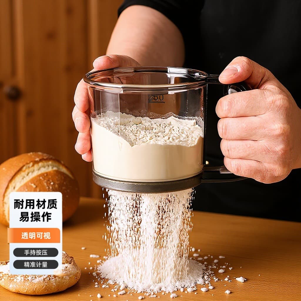Handheld semi-automatic flour sieve, household plastic sieve, baking aid tool, filtering powdered sugar.