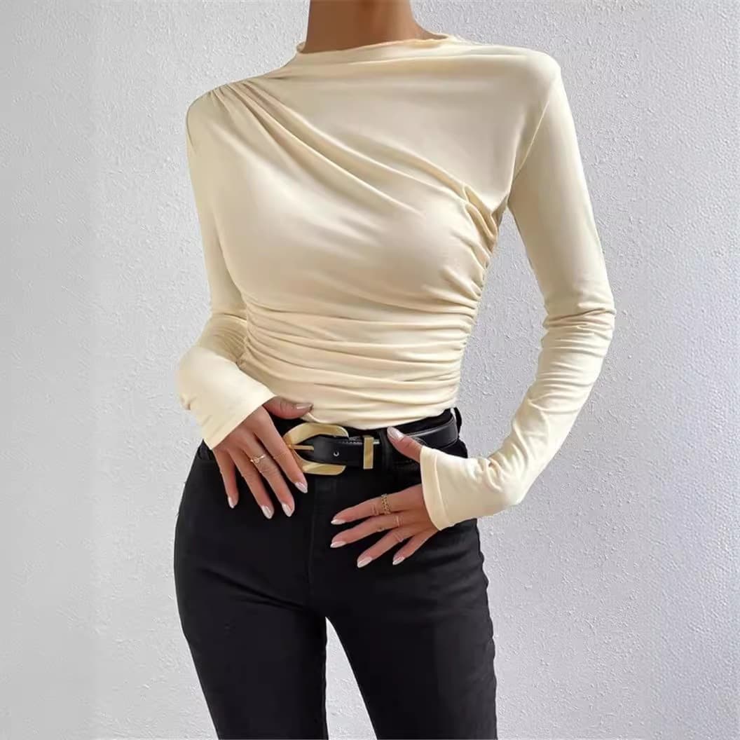 Cross-border 2026 Europe and America Solid Color Slim Fit Base Layer Shirt Foreign Trade Pleated Design Long Sleeve T-Shirt Women's Top