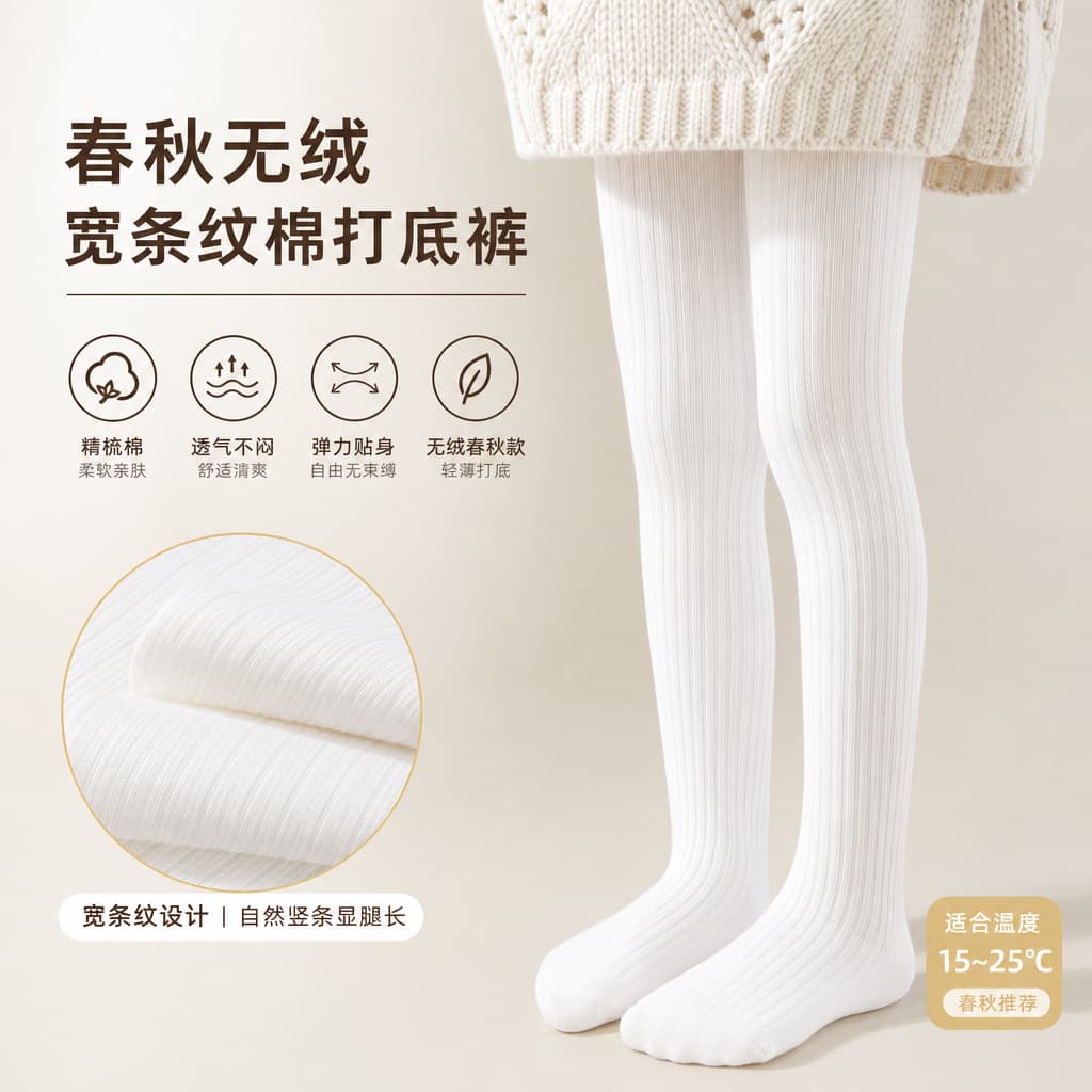 Spring/Autumn Thin Wide-Stripe Leggings for Girls, Solid Color Simple Kids' Pantyhose, Versatile Outerwear Bottom Socks for Girls