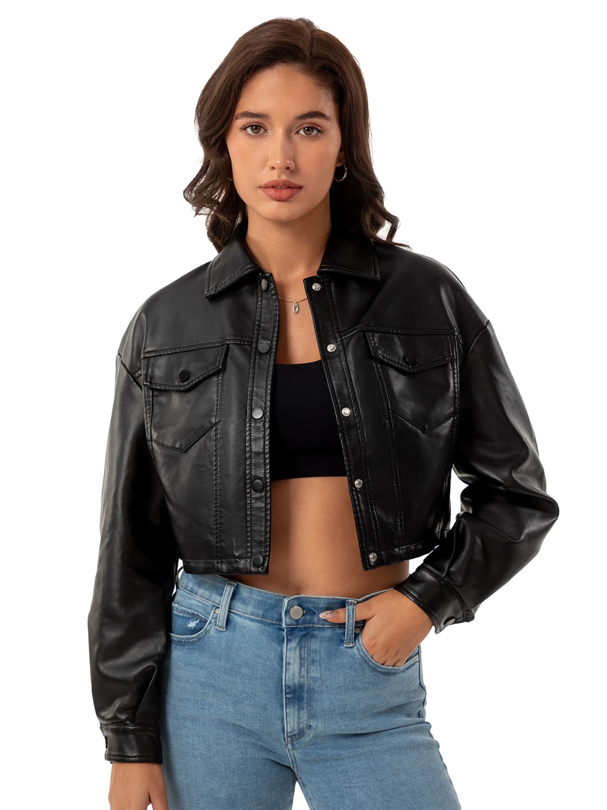 2024 Spring/Autumn New Loose Casual Leather Jacket for Women, Long Sleeve, Single-Breasted Short Jacket with Lapel, European and American Fashion