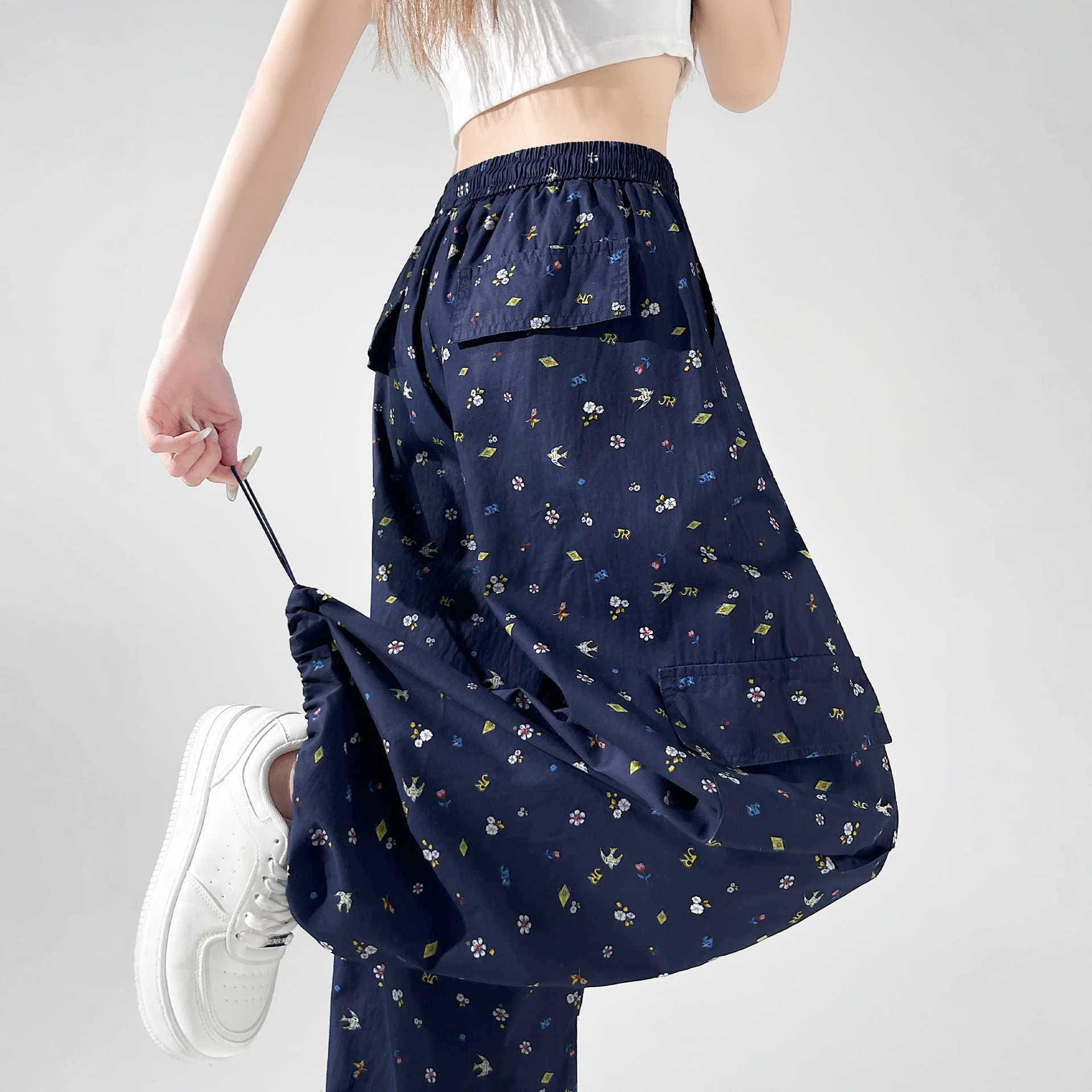 Navy blue printed pants for women summer new American style super nice floral wide leg overalls street dance pants sweatpants