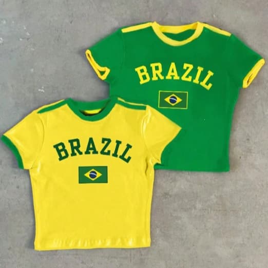 European and American Cross-Border 2026 Summer Brazilian Printed T-Shirt with Letters, Short Style, Exposed Navel, Sexy Women's Casual Slim-Fit Short Sleeve
