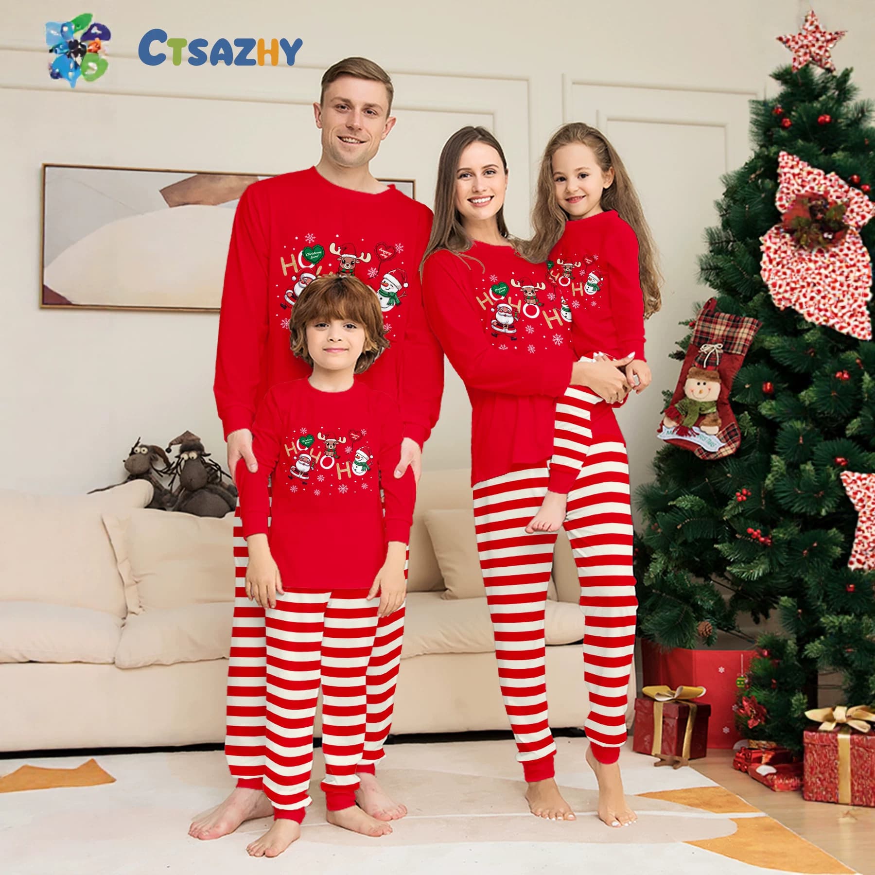 Cross-Border Christmas Family Matching Pajamas, Long Sleeve Whole Family Set, Christmas Day Striped Sleepwear