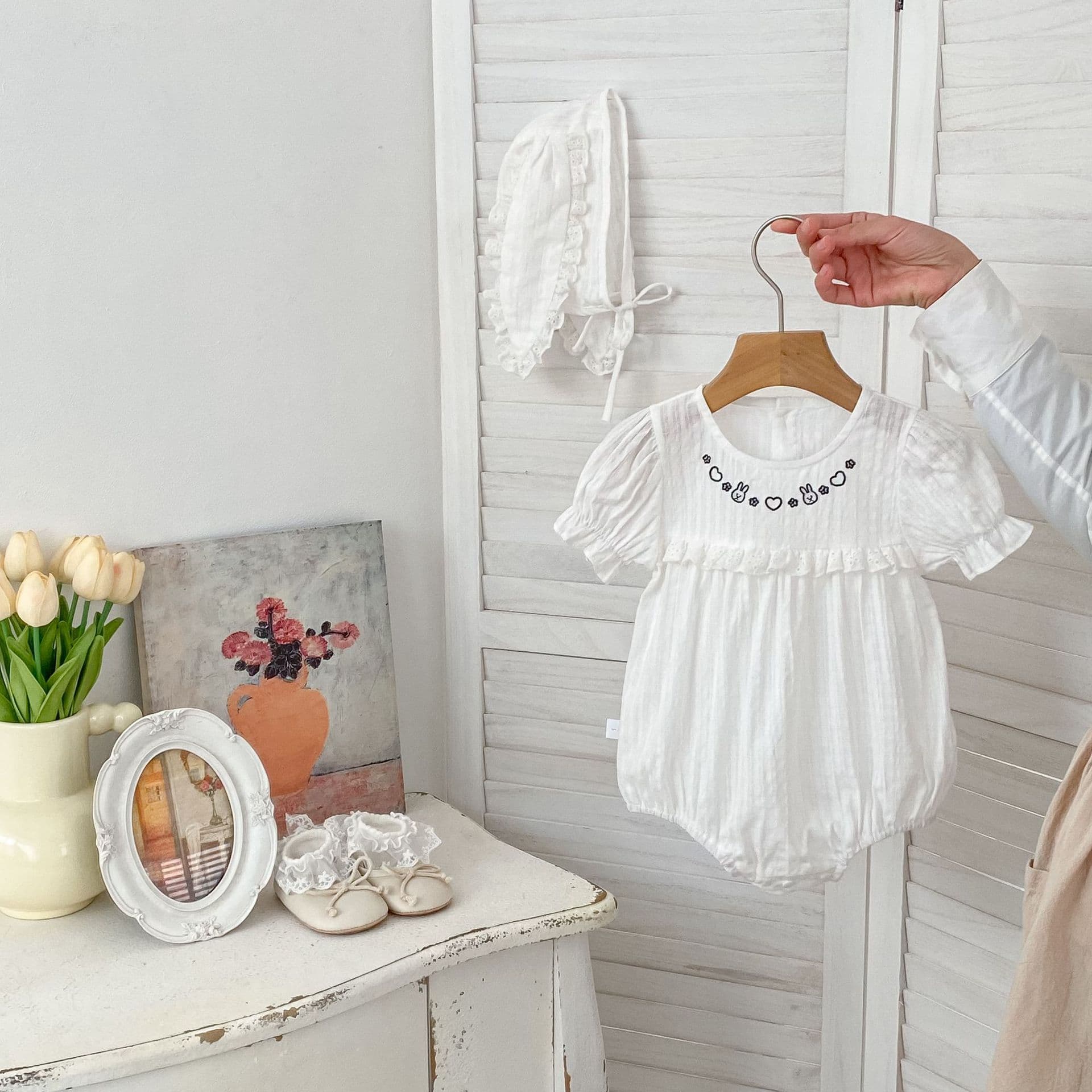 Baby Girl Clothes Summer Bunny Ears Hat Cartoon Embroidered Romper Two-Piece Set 1-3 Years Old Infant Romper