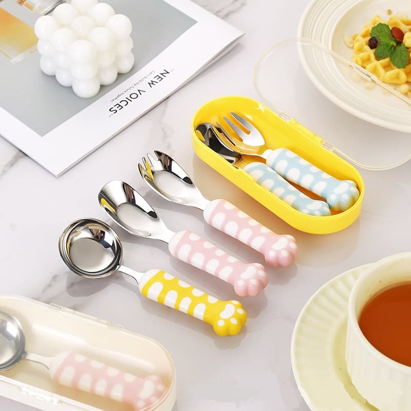 304 stainless steel children's tableware set, cat claw shape, portable fork and spoon, baby food supplement tableware, cute cross-border
