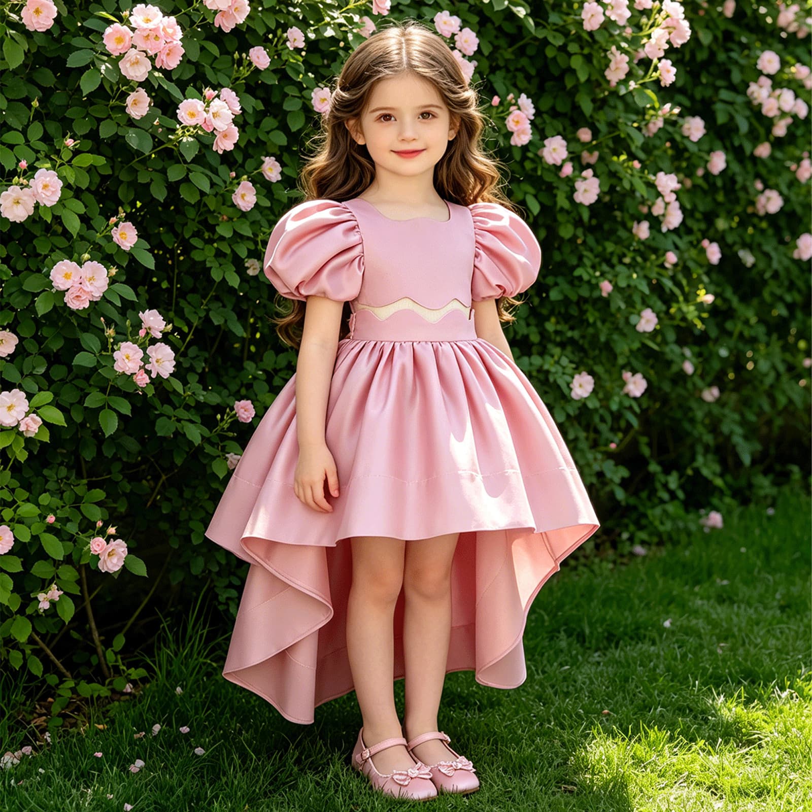 2026 New Girls Princess Dress Satin Bubble Sleeve Two-Piece Tailcoat Set Little Girl Host Performance Costume