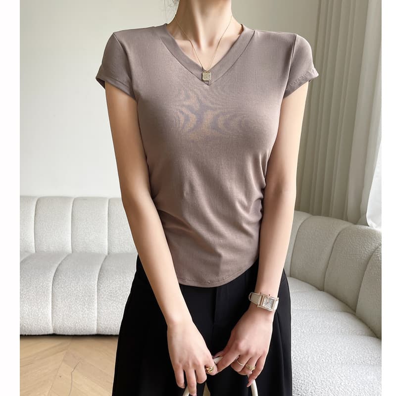 High Quality Solid Color Modal V-Neck Regular Shoulder Short Sleeve T-Shirt Women's Summer Basic Versatile Pleated Curved Women's Top
