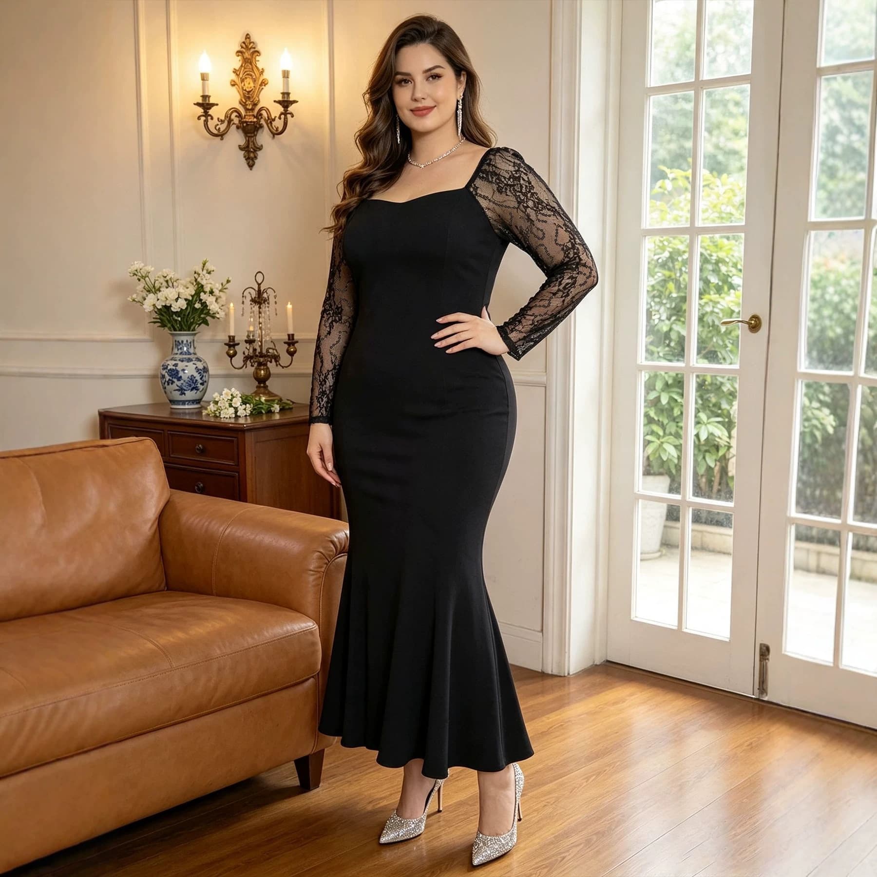 European and American cross-border large size square neck lace long-sleeved fishtail dress for fat girls waist-cinching mid-length banquet dress