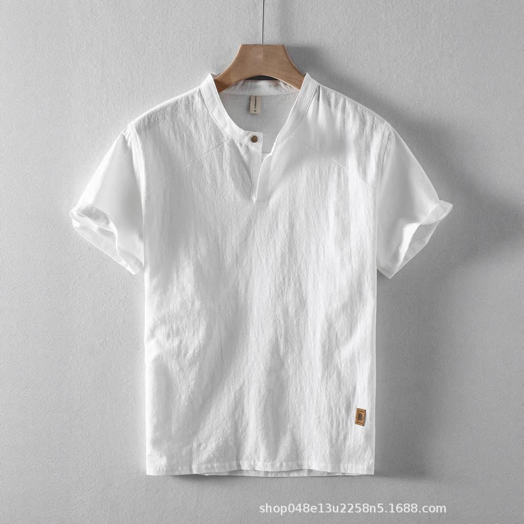 Cross-border 2026 new summer men's short-sleeved linen shirt Chinese style casual stand-up collar cotton and linen five-quarter sleeve shirt