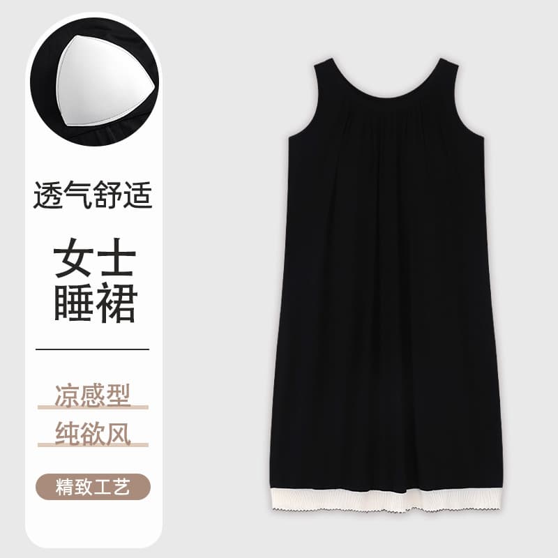 Women's Black Modal Sleep Dress with Built-in Pads, Summer Cooling Camisole Midi Dress, Wearable as Loungewear