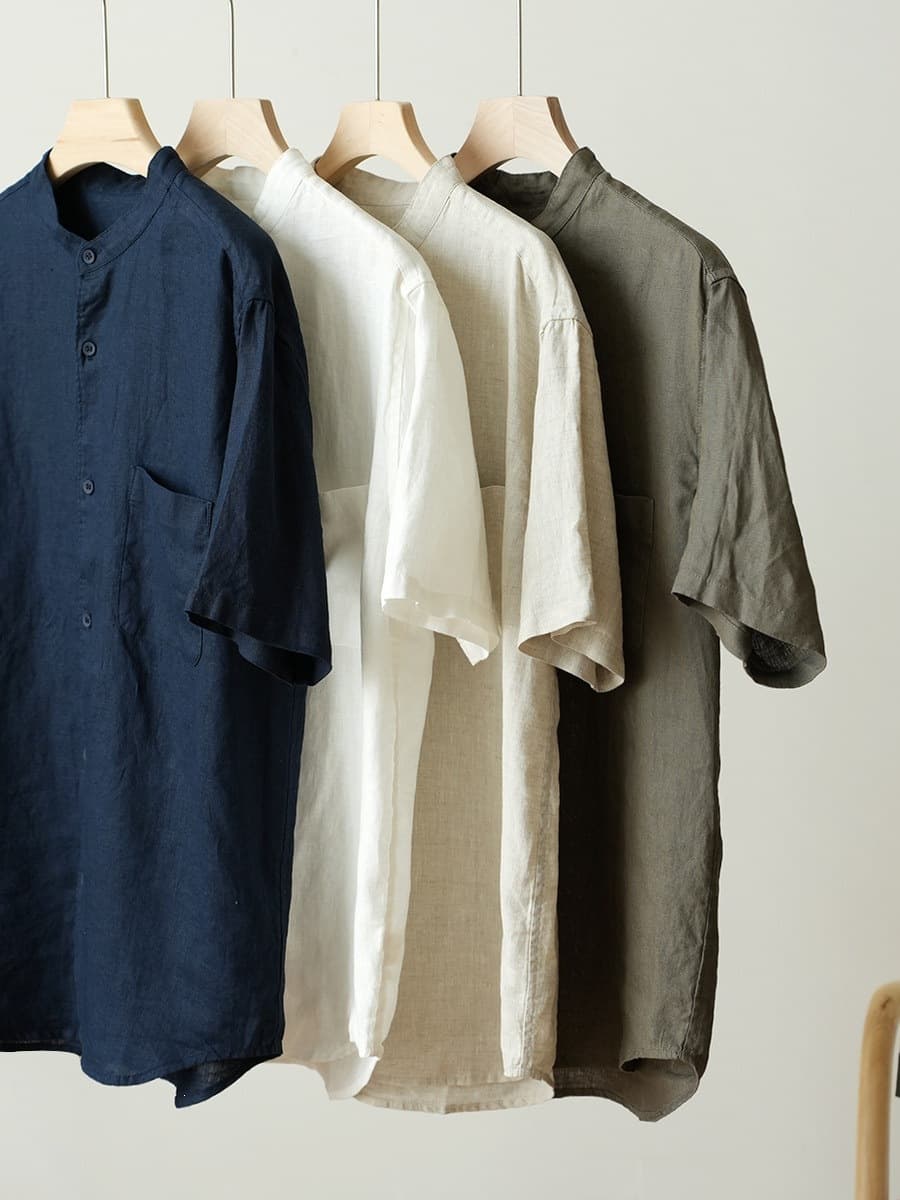 Washed Linen Men's Full Linen Short Sleeve Shirt, Mandarin Collar T-Shirt, Shandong Online Store Summer Men's Clothing