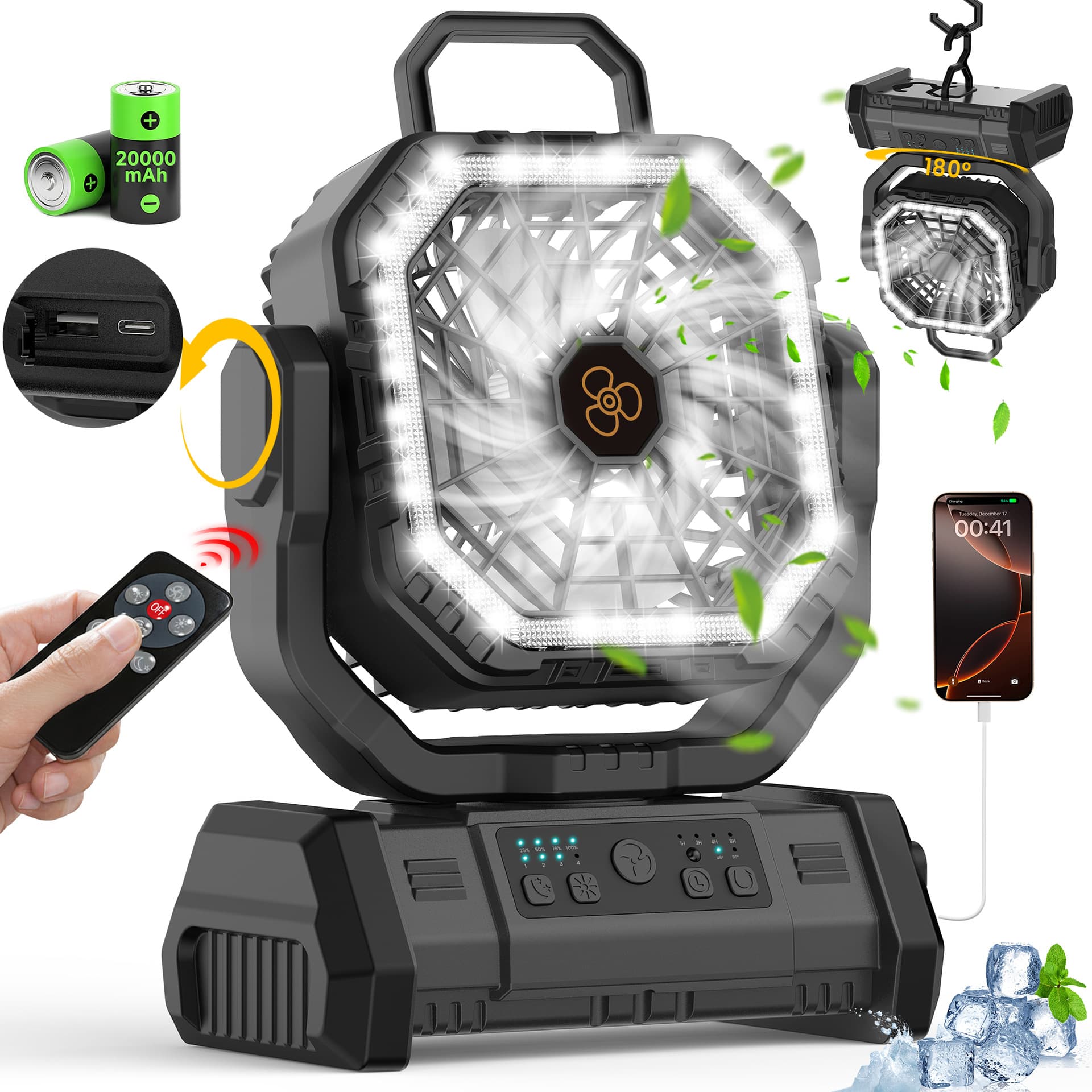 Remote-controlled outdoor camping fan with auto oscillation, convenient USB charging, large capacity for campsite tents and lighting