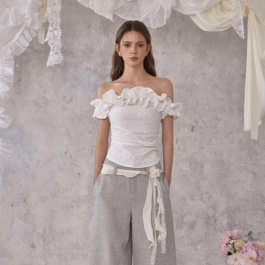 Original Craftsmanship Original Fabric Double Lining Rolled Hem Off-Shoulder Waist-Cinched Ruffle Pure Desire Jacquard Top