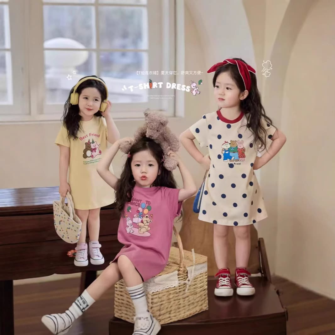 2025 New Summer Style Girls' Fashionable and Cute Short-Sleeved Dresses for Little Girls, Children's Clothing, Children's Skirts, Small and Medium-Sized Children's Skirts