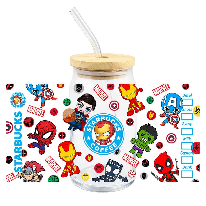 Marvel UV Transfer Crystal Clear Sticker for Glass Cups, Avengers Spider-Man Hulk Captain America