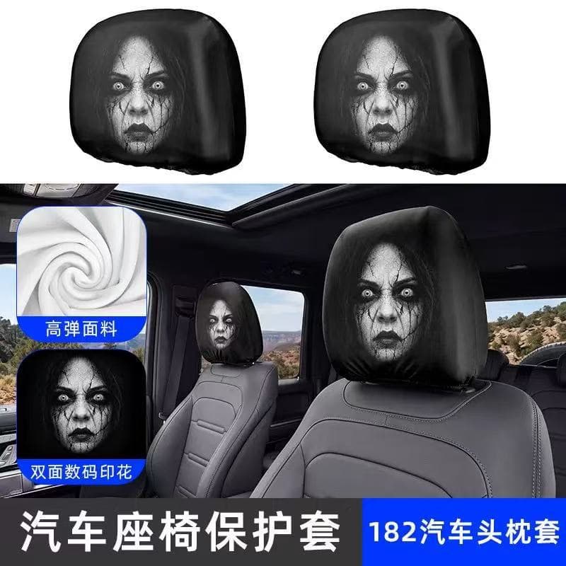 Foreign trade cross-border black skull car print headrest cover universal elastic style funny and interesting car headrest cover
