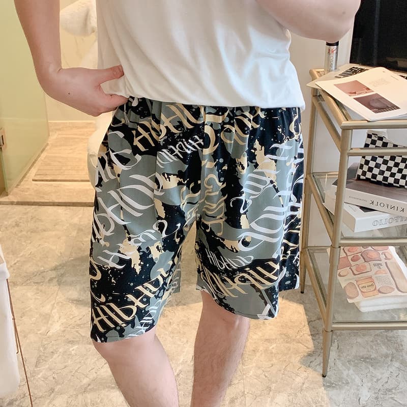 Men's Cotton Sleep Shorts, Summer Thin Home Shorts, Loose Letter Print Lounge Shorts, Wearable Out, Rayon Beach Shorts