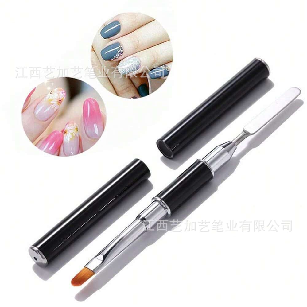 Cross-border Single Black Dual-Ended Steel Pusher Pen, Multi-functional Dual-Use Nail Art Pen for Extension Gel, Round-Tip LED Gel Brush